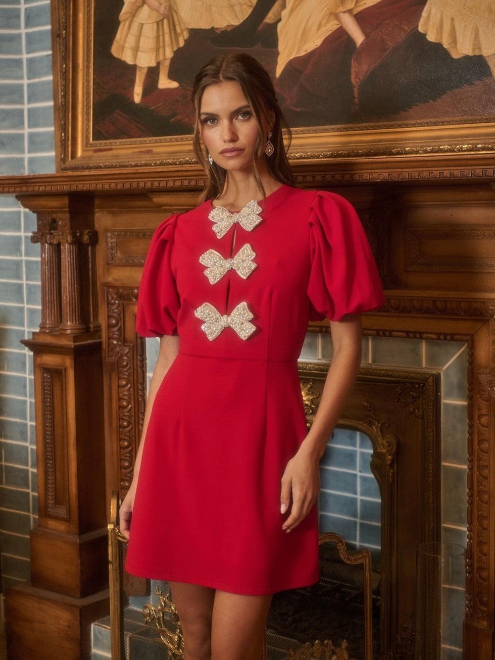 Sugarlips Red Puff-Sleeve Mini Dress with Sparkle Bows